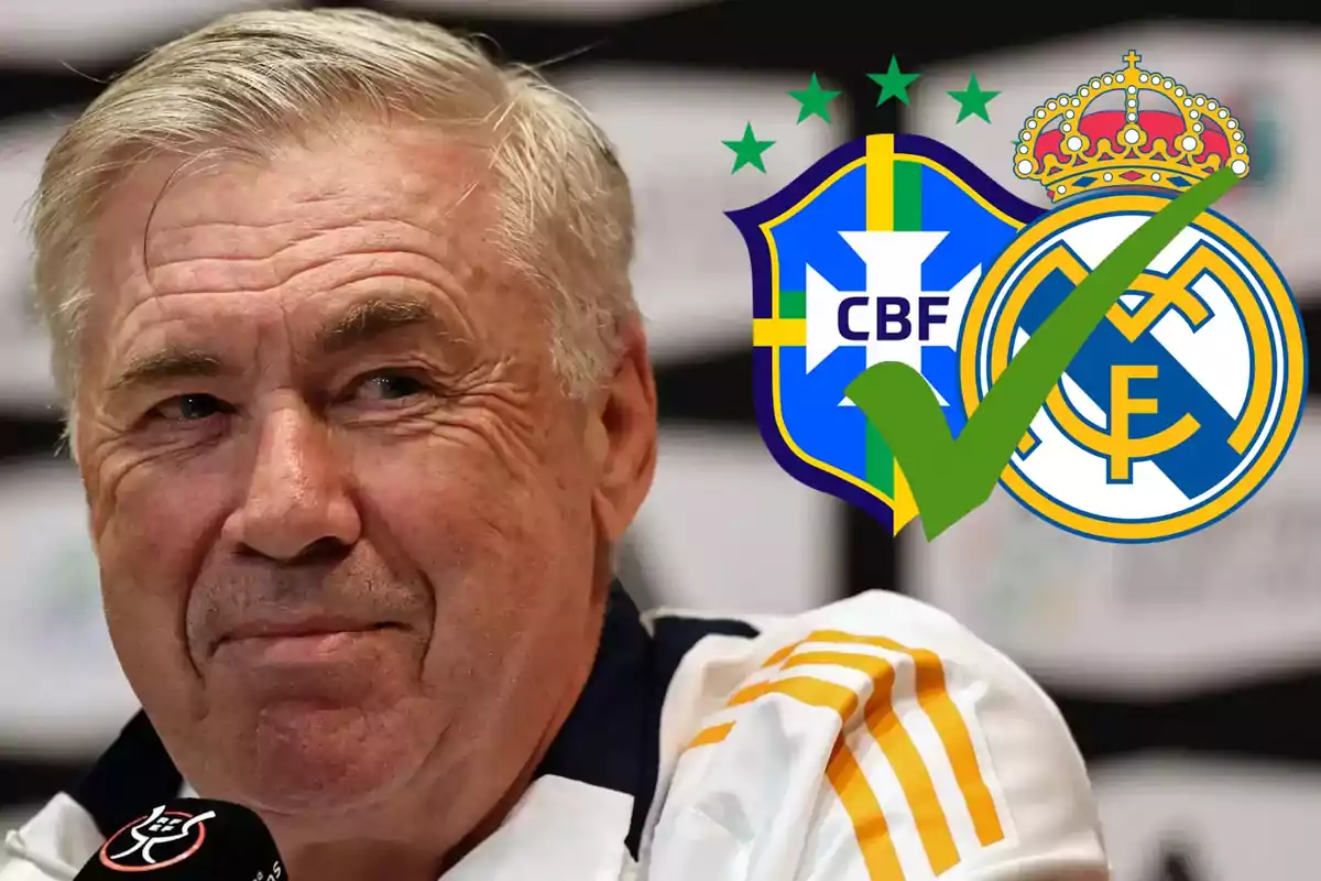Un hombre mayor con cabello canoso sonríe mientras está frente a un micrófono con los escudos de la Confederación Brasileña de Fútbol y el Real Madrid superpuestos a su lado.