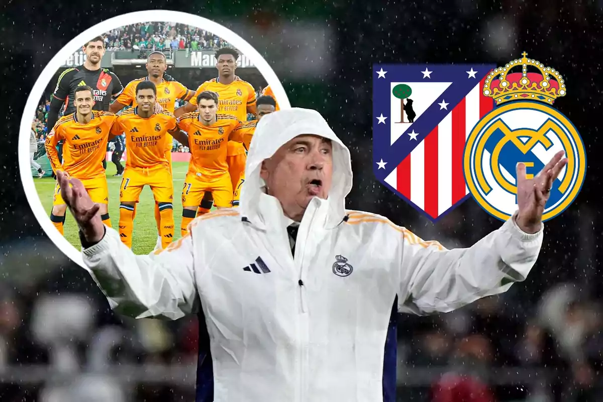 A coach in a white jacket gestures in the rain, with a soccer team in orange uniforms in a circle behind him and the Atlético de Madrid and Real Madrid crests beside him.