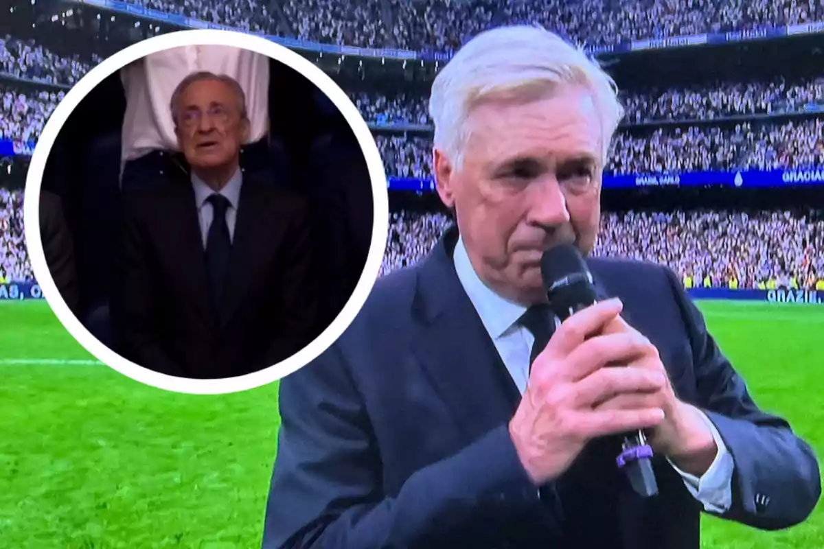 A gray-haired man holds a microphone in a stadium full of spectators, while a box shows another older man with glasses and a dark suit.