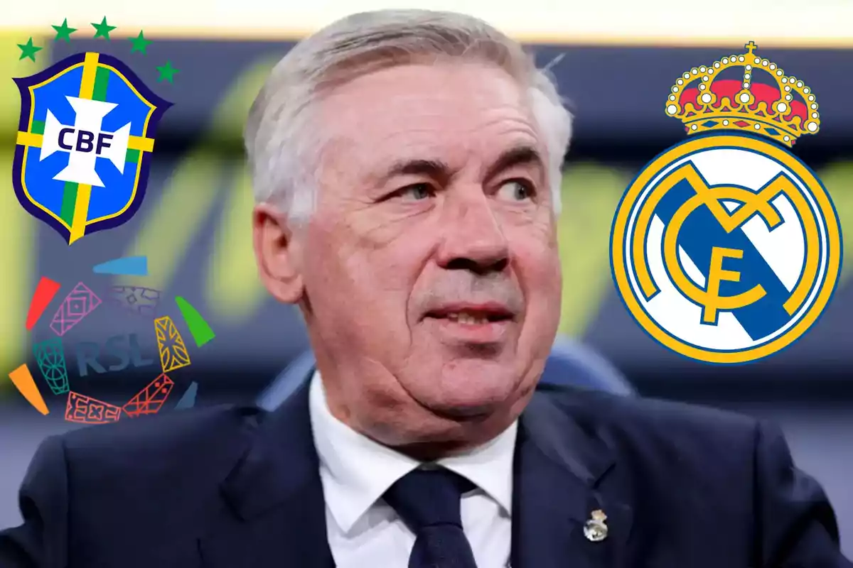 A gray-haired man in a dark suit and tie, surrounded by the logos of the Brazilian Football Confederation, Real Madrid, and the Saudi League.
