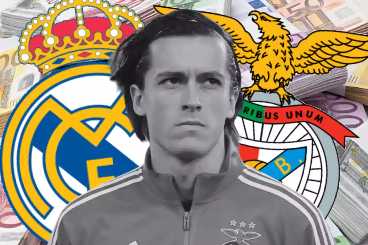 Soccer player wearing a Benfica jacket in the foreground with the Real Madrid and Benfica crests in the background next to stacks of cash.