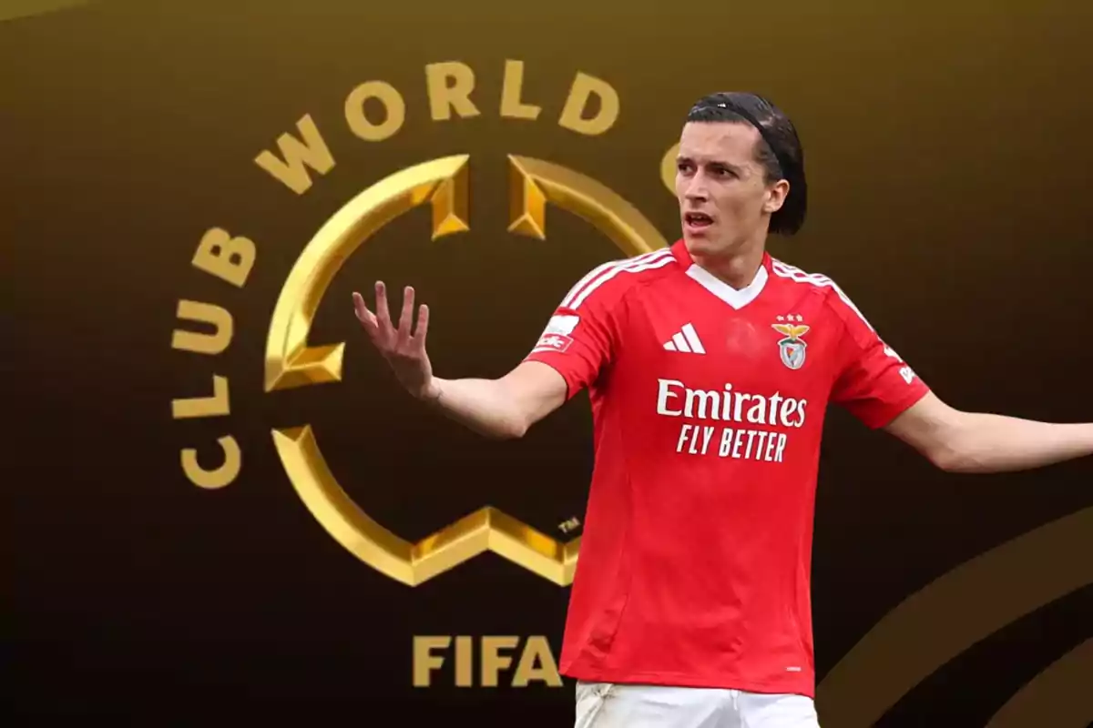 Benfica player with a surprised expression in front of the golden FIFA Club World Cup logo