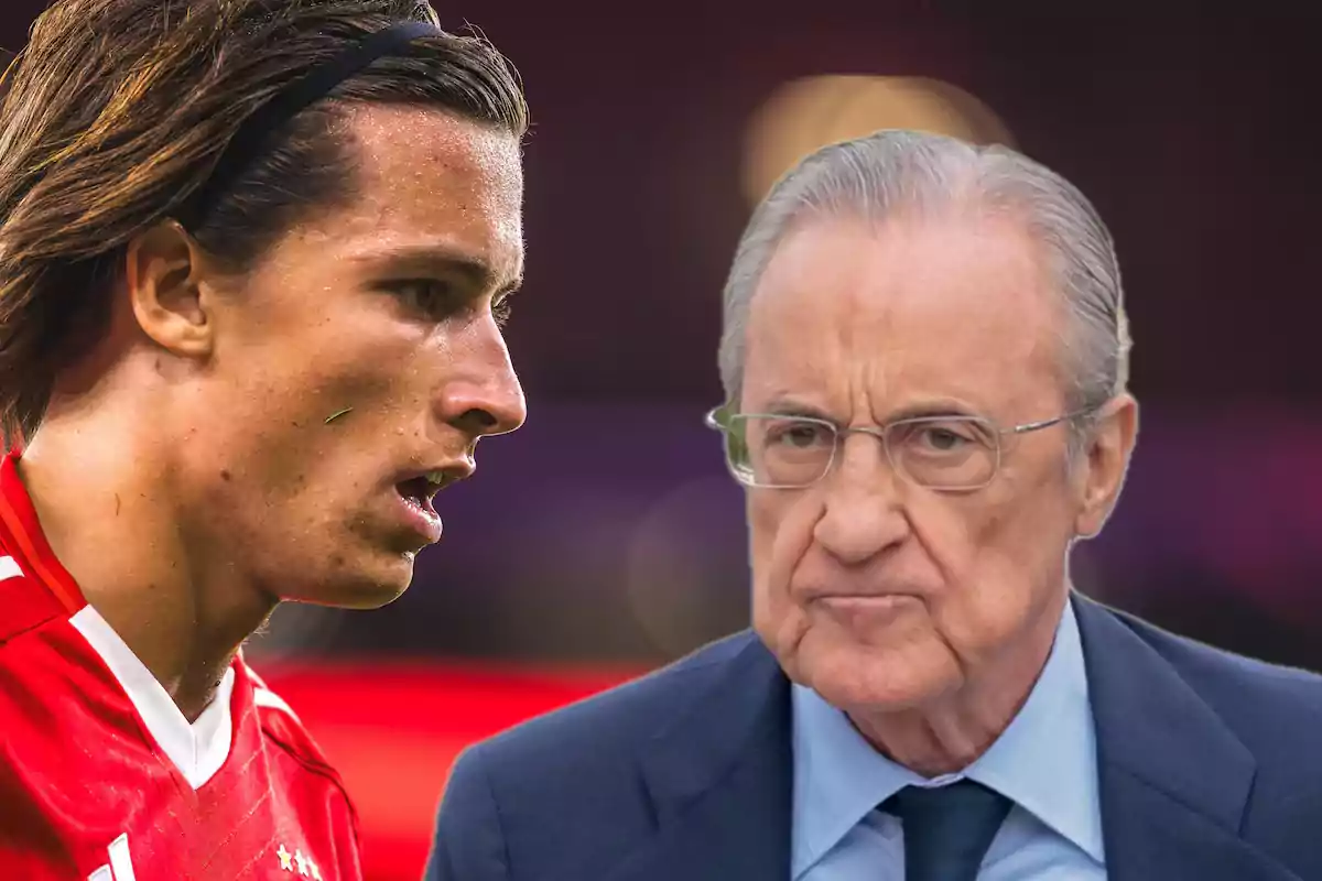 A player in a red jersey and an older man with glasses and a dark suit against a blurred background.