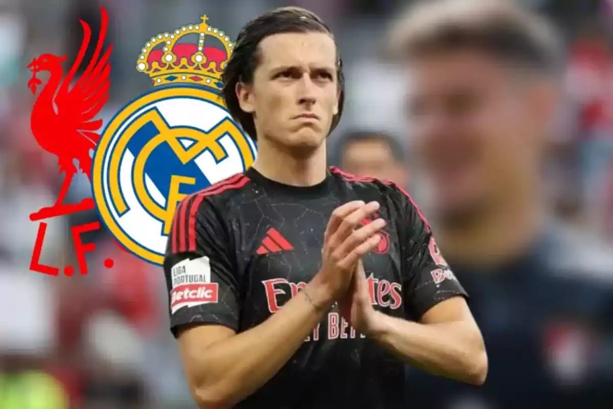 Soccer player in a black Benfica uniform in the foreground with the Liverpool and Real Madrid crests in the background