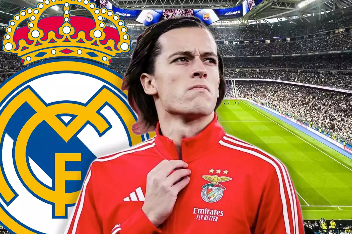 Soccer player wearing a Benfica jacket in front of the Real Madrid crest in a stadium full of fans