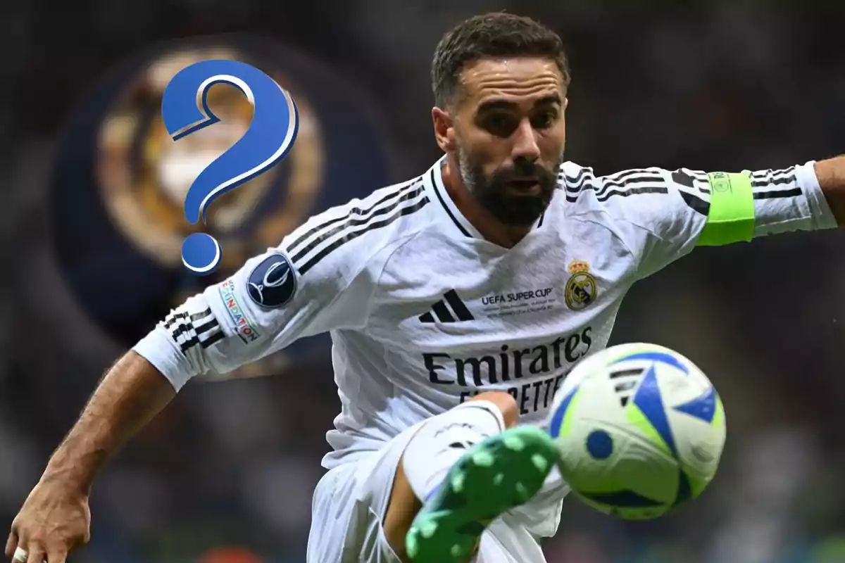 Real Madrid player with a captain's armband controlling a ball while a blurred crest with a blue question mark appears in the background