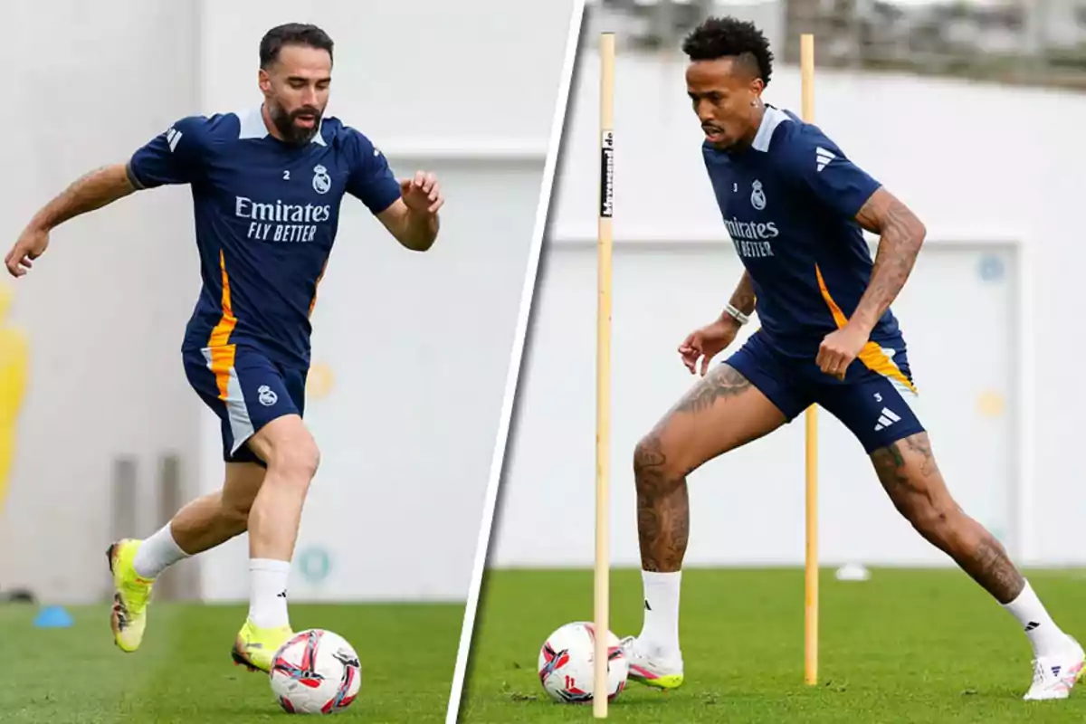 Two Real Madrid players train on the field in blue uniforms doing ball exercises. Two Real Madrid players train on the field in blue uniforms doing ball exercises.