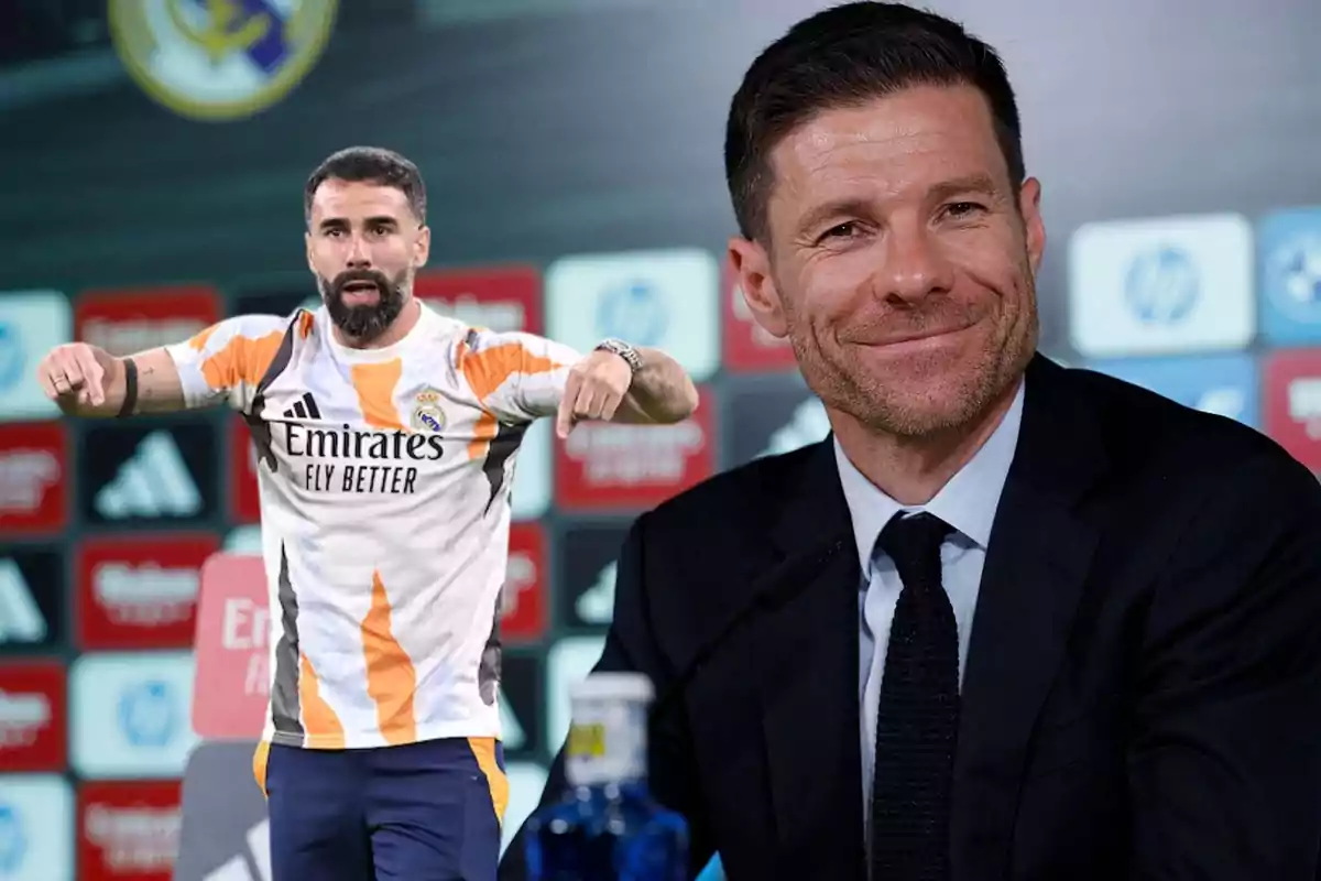 A player in a Real Madrid uniform and a smiling man in a suit at a press conference with a backdrop of sports logos.