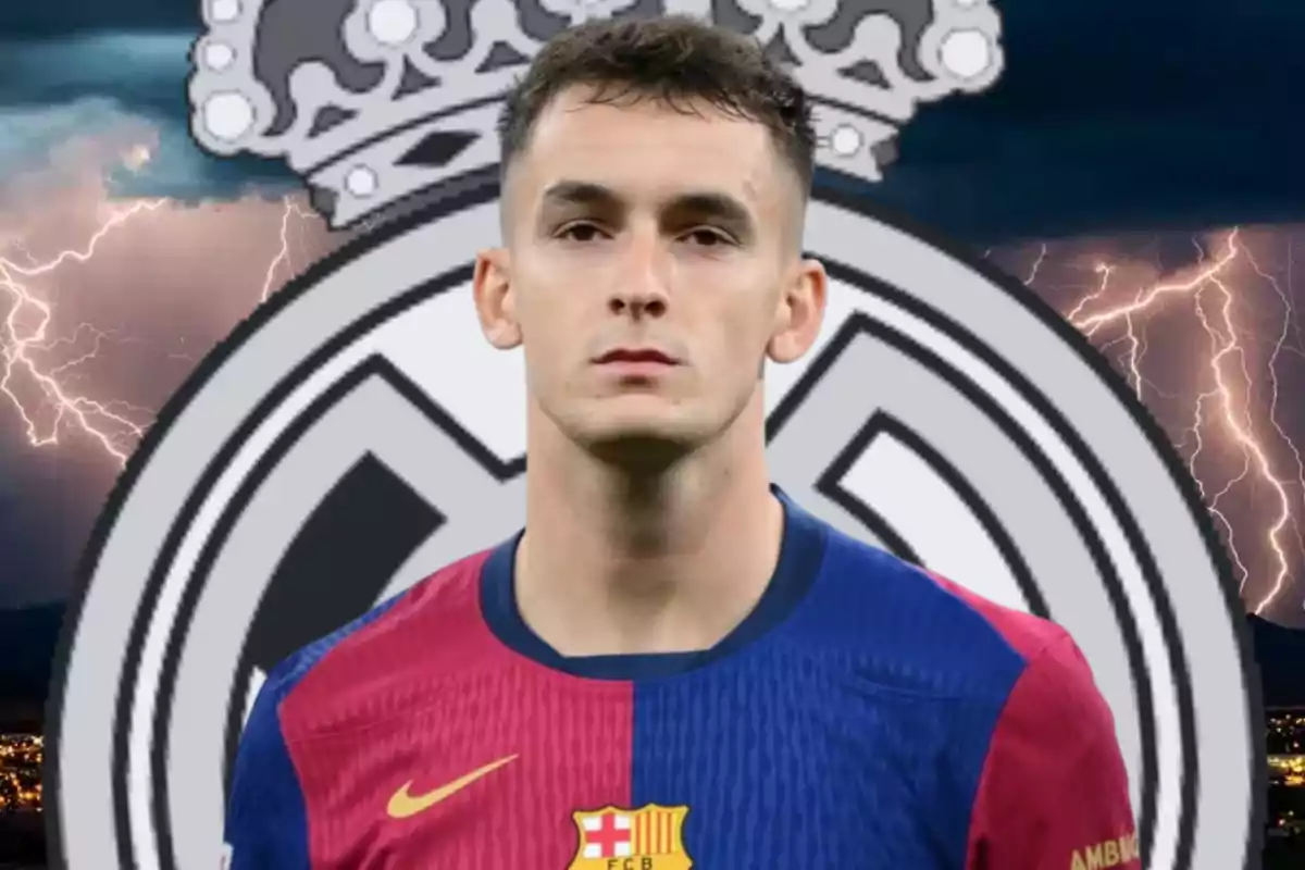 Player wearing a Barcelona jersey in front of the Real Madrid crest with a stormy background and lightning