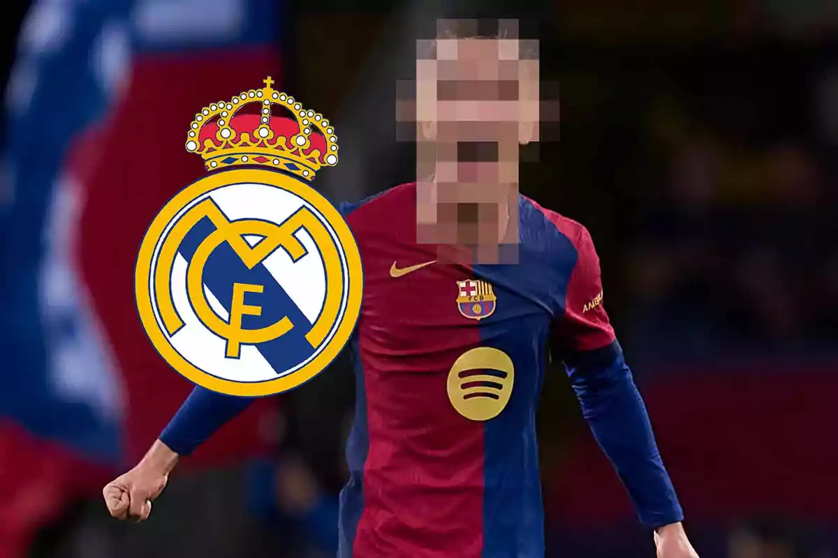 Un jugador de fútbol con la cara pixelada lleva la camiseta del FC Barcelona mientras el escudo del Real Madrid aparece superpuesto.