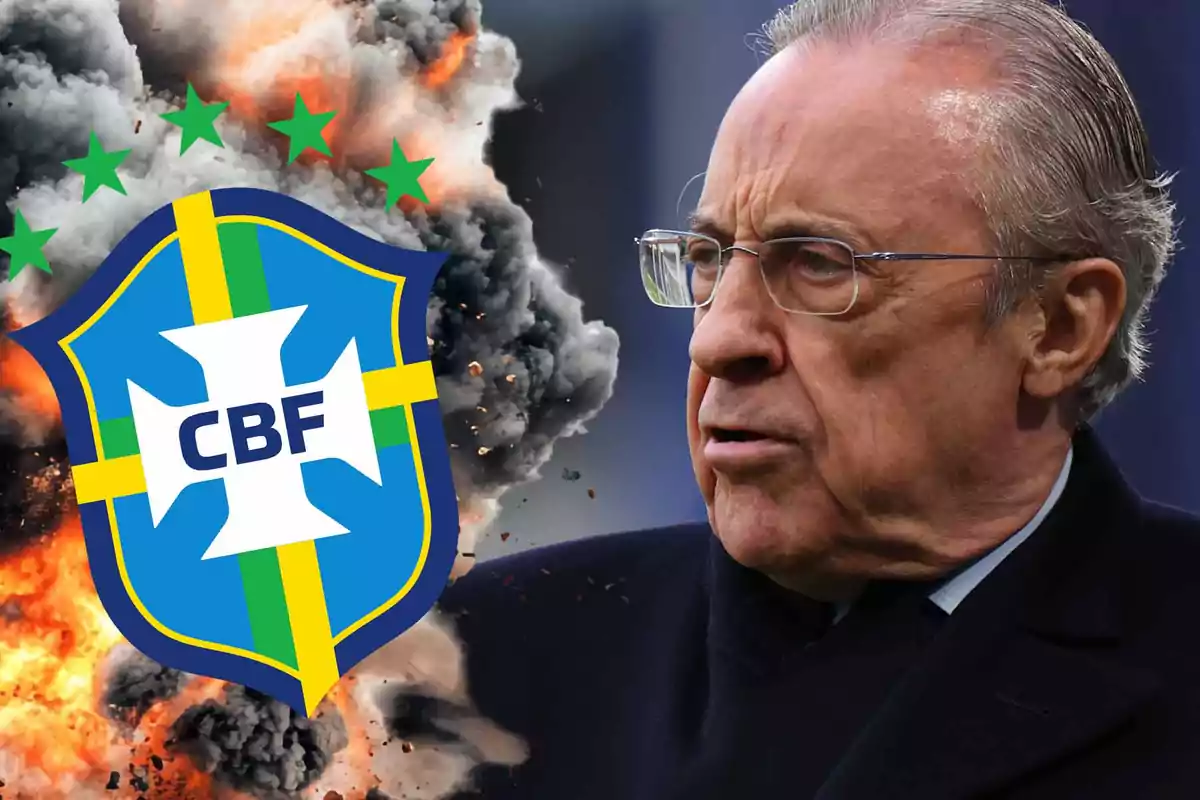 Un hombre mayor con gafas aparece junto al escudo de la Confederación Brasileña de Fútbol sobre un fondo de explosión.