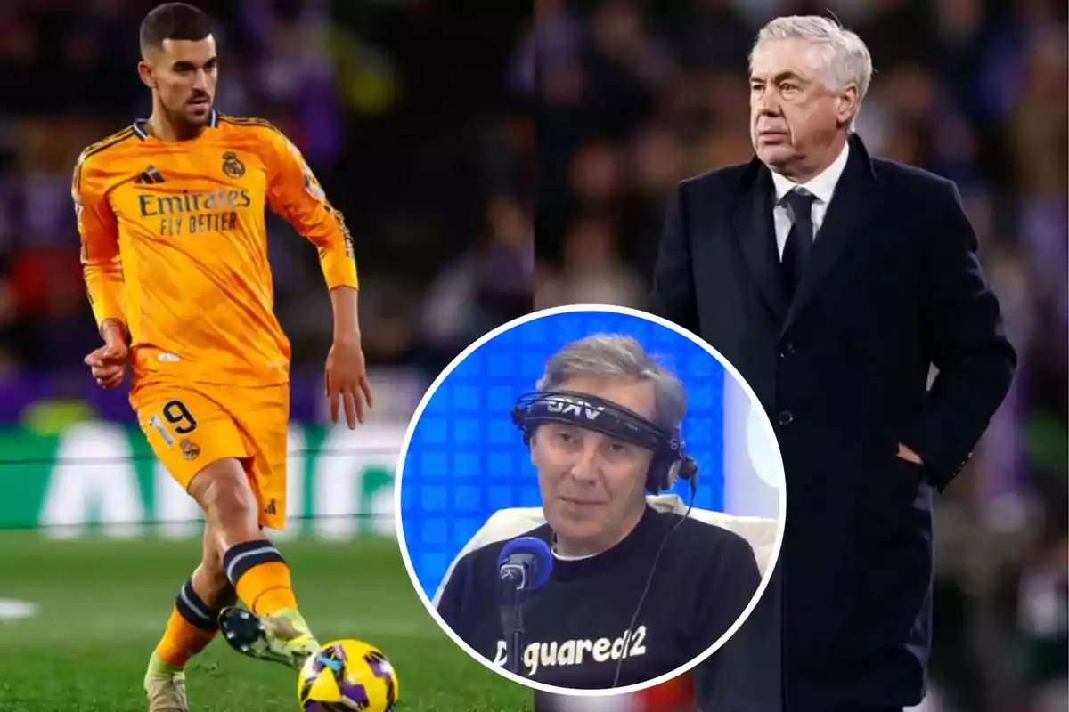 Un jugador de fútbol en uniforme naranja en el campo, un hombre de traje oscuro observando y una persona con auriculares en un estudio de radio.