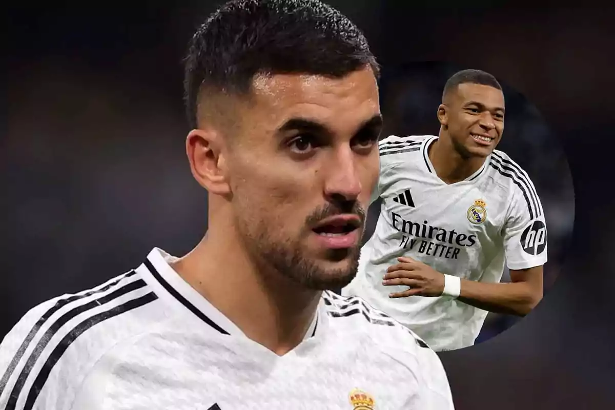 Un jugador de fútbol con la camiseta del Real Madrid en primer plano y otro jugador sonriendo en un círculo en el fondo.