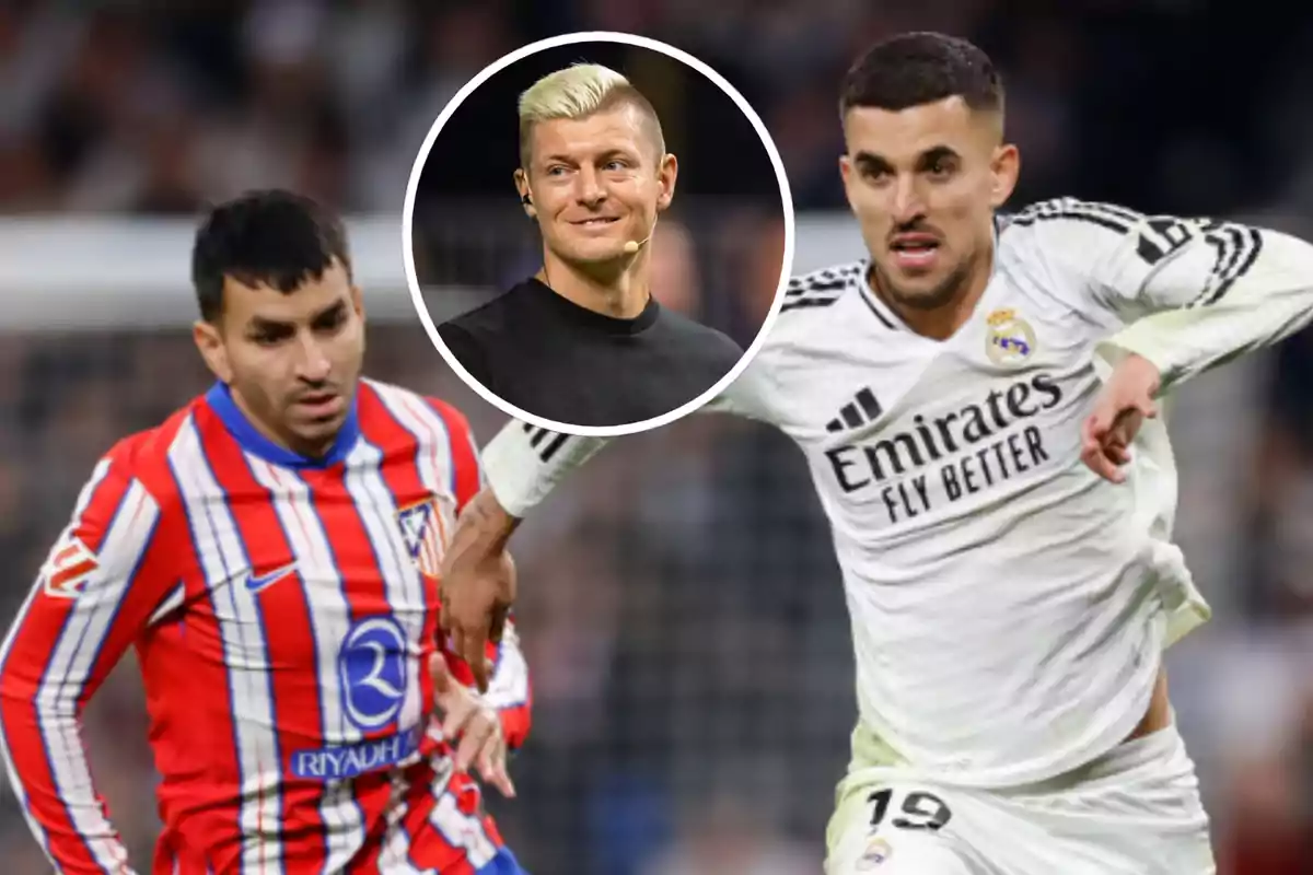 Football players from Atlético de Madrid and Real Madrid teams in action during a match with a portrait of another player in an overlaid circle.