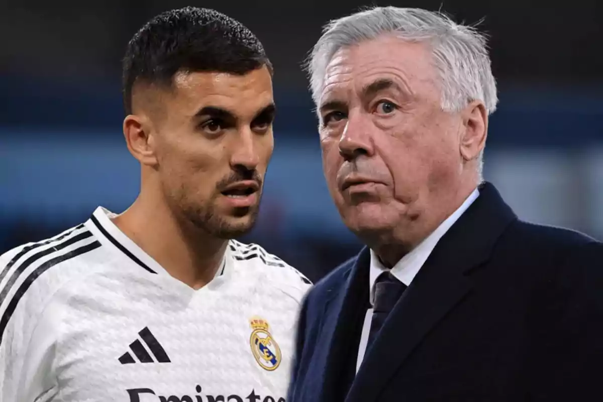 Un jugador de fútbol con el uniforme del Real Madrid junto a un hombre mayor con traje oscuro.