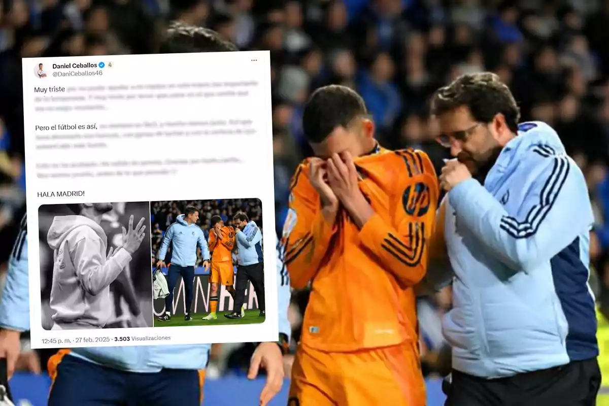 A player in an orange uniform covers his face with his jersey while being joined by two people in blue sports jackets; in the background, a stadium full of spectators can be seen. Over the image, there is a screenshot of a tweet expressing sadness and mentioning Real Madrid.