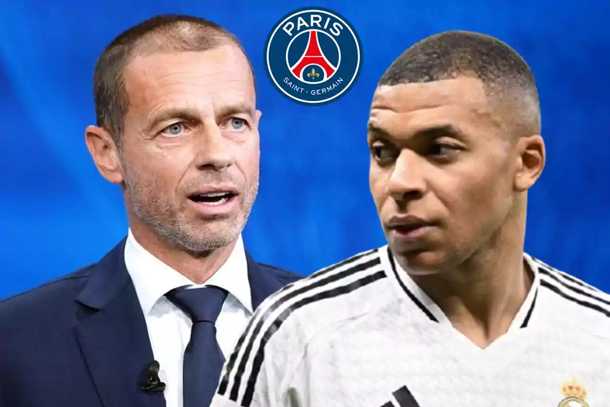 Two men in suits and sports jerseys with the Paris Saint-Germain logo on a blue background.