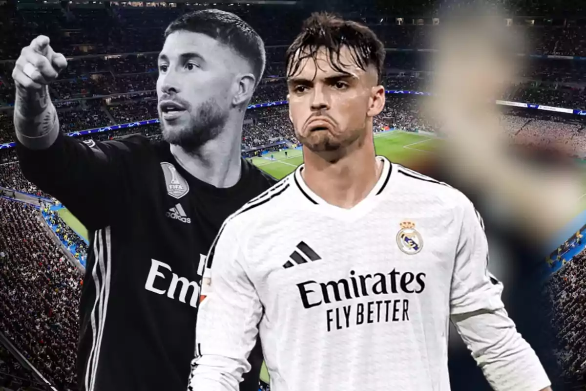 Dos jugadores de fútbol con uniformes del Real Madrid en un estadio lleno de espectadores.