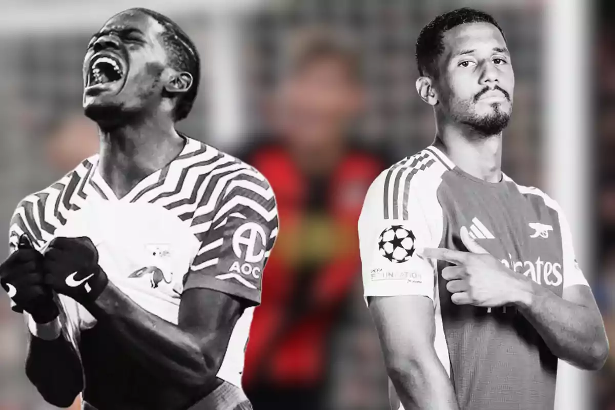 Two players in sports uniforms, one celebrating with excitement and the other pointing to the UEFA Champions League logo on his jersey.