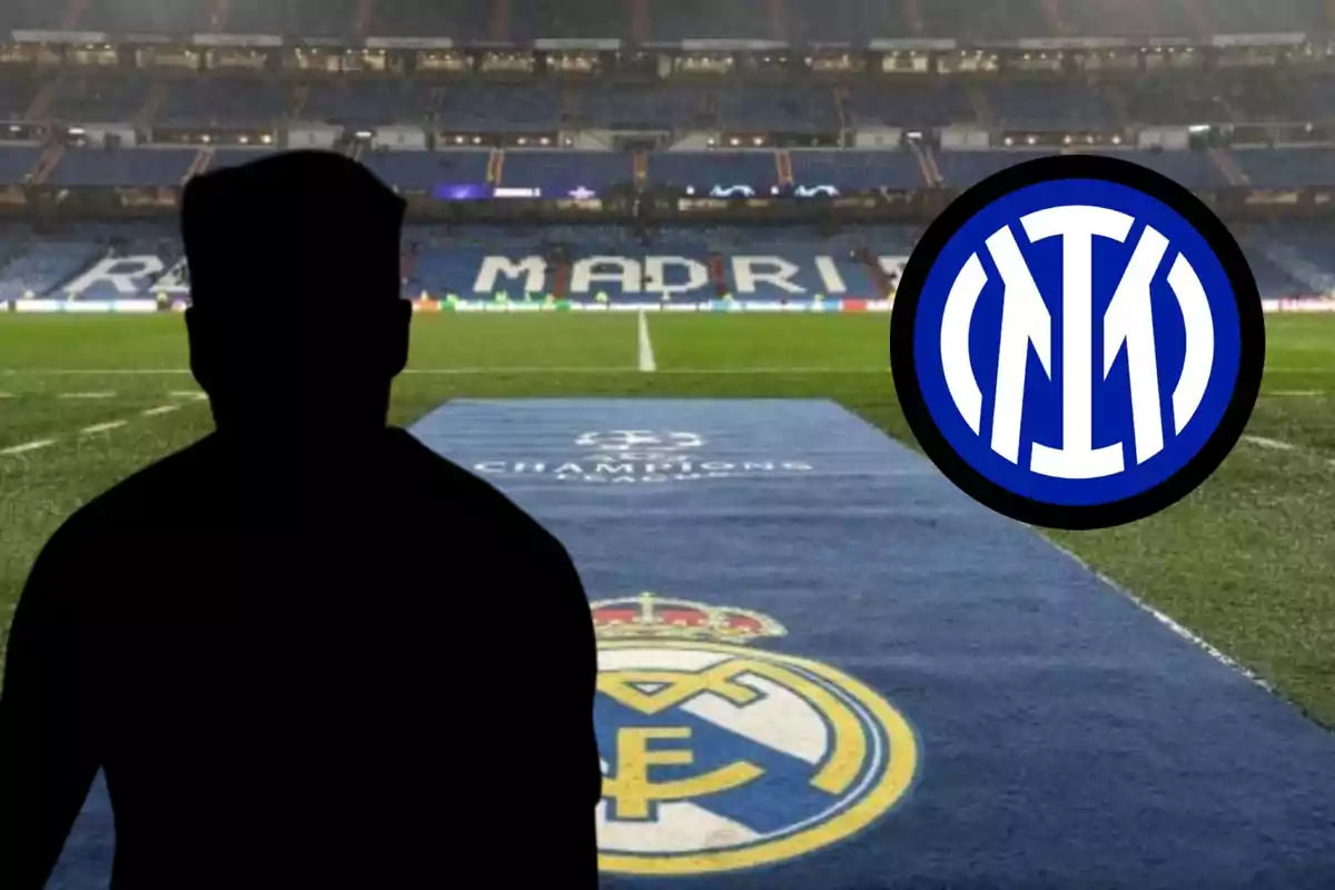 Silhouette of a person in front of Santiago Bernabéu stadium field with the Real Madrid crest on the grass and the Inter Milan logo in the right corner