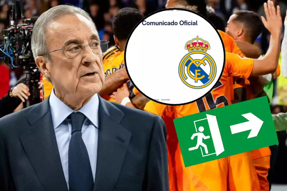 Un hombre mayor con gafas y traje oscuro aparece en primer plano, mientras que detrás de él hay un grupo de personas celebrando con camisetas naranjas; en la parte superior derecha se muestra un comunicado oficial con el escudo de un club de fútbol y un símbolo de salida de emergencia.