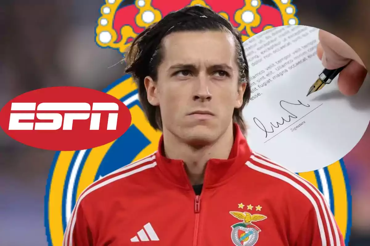 Un jugador de fútbol con una chaqueta roja del Benfica aparece en primer plano, con el logo de ESPN y un documento siendo firmado en el fondo.