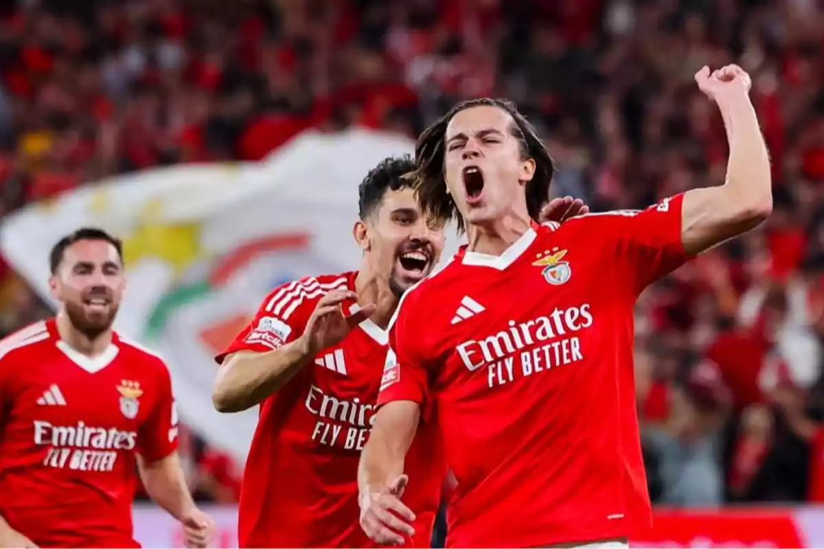Benfica players celebrating a goal on the field. Benfica players celebrating a goal on the field.
