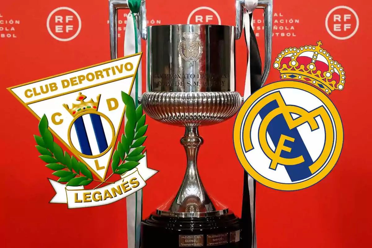 The emblems of the soccer teams Club Deportivo Leganés and Real Madrid next to a trophy on a red background with the logo of the Royal Spanish soccer Federation.