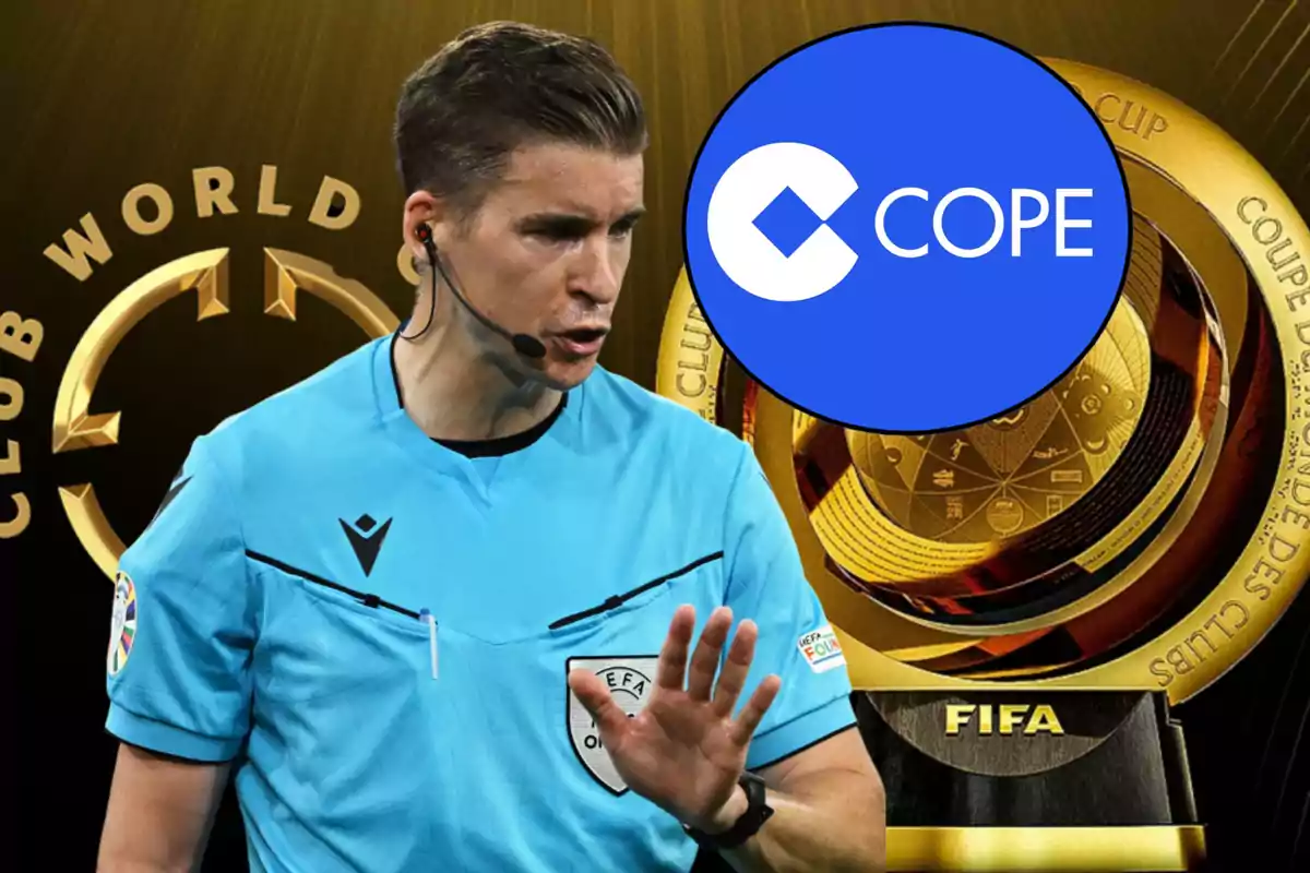 Soccer referee in a blue uniform making a hand gesture in front of a background with the Club World Cup trophy and a blue COPE logo.