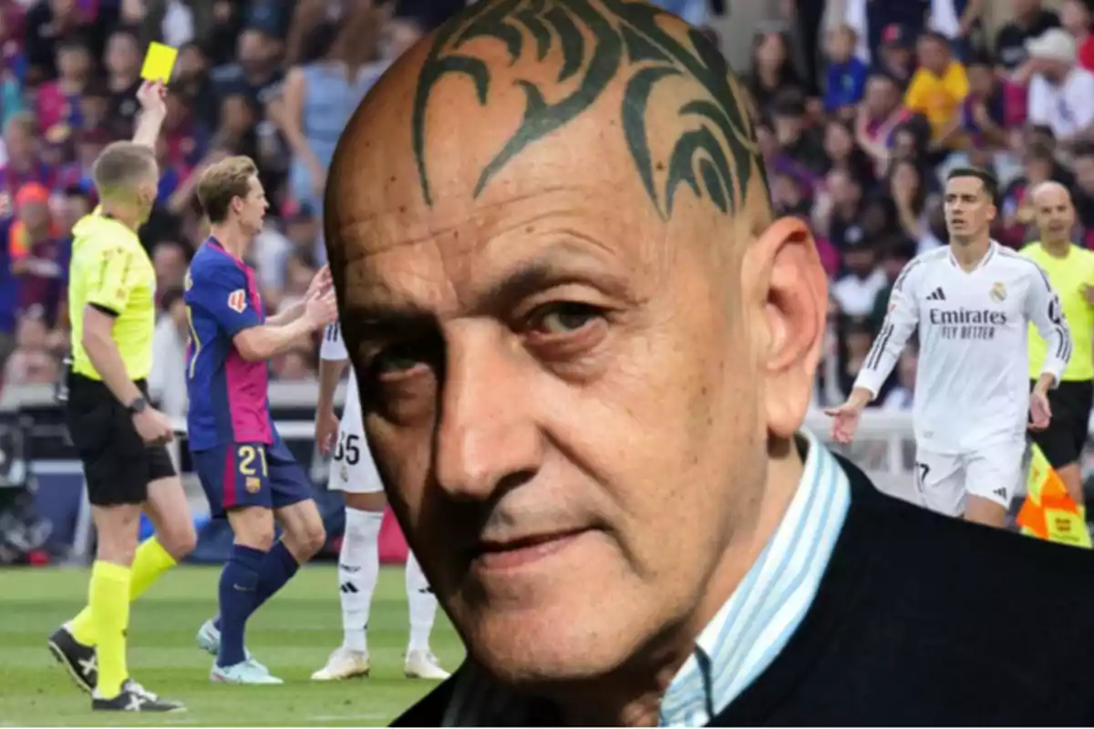 A man with a tattoo on his head appears in the foreground while a soccer scene unfolds in the background with a referee showing a yellow card.