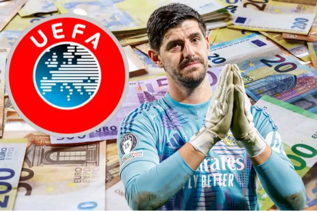 Un jugador de fútbol con guantes de portero está frente a un fondo de billetes de euro y un logotipo de la UEFA.