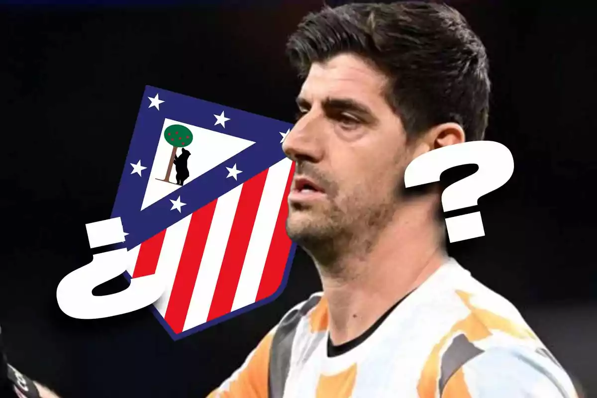 A player with a goalkeeper jersey and an Atlético de Madrid crest with question marks.