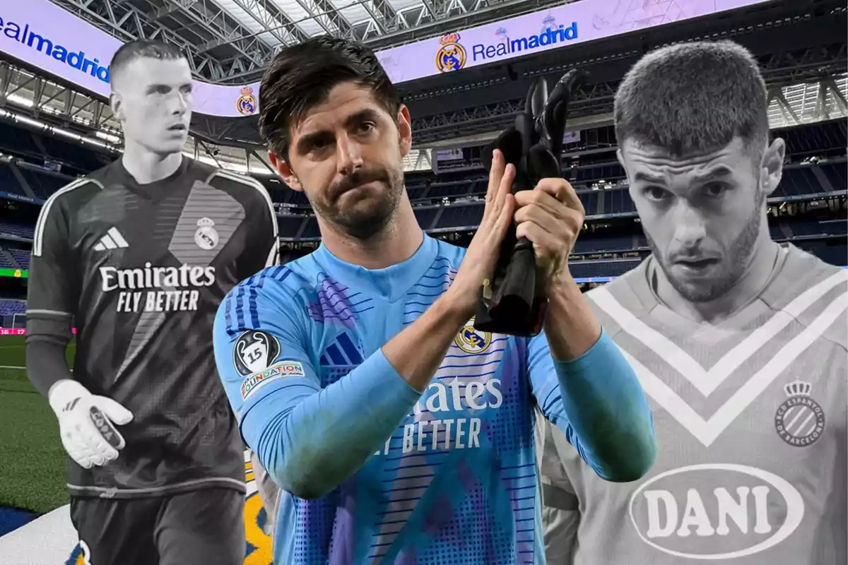 Real Madrid goalkeeper applauding in the center of the stadium with two goalkeepers in black and white in the background