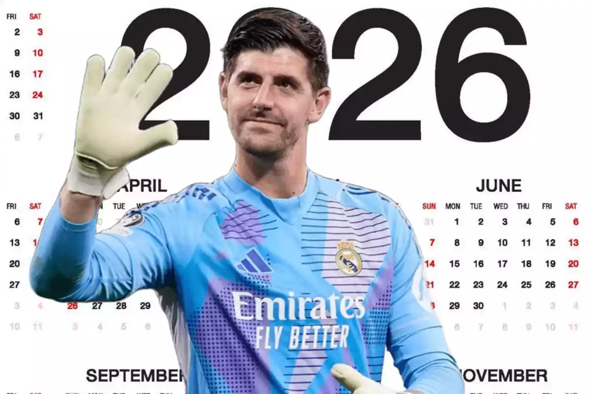 A player in a Real Madrid goalkeeper uniform raises his hand in front of a 2026 calendar background.