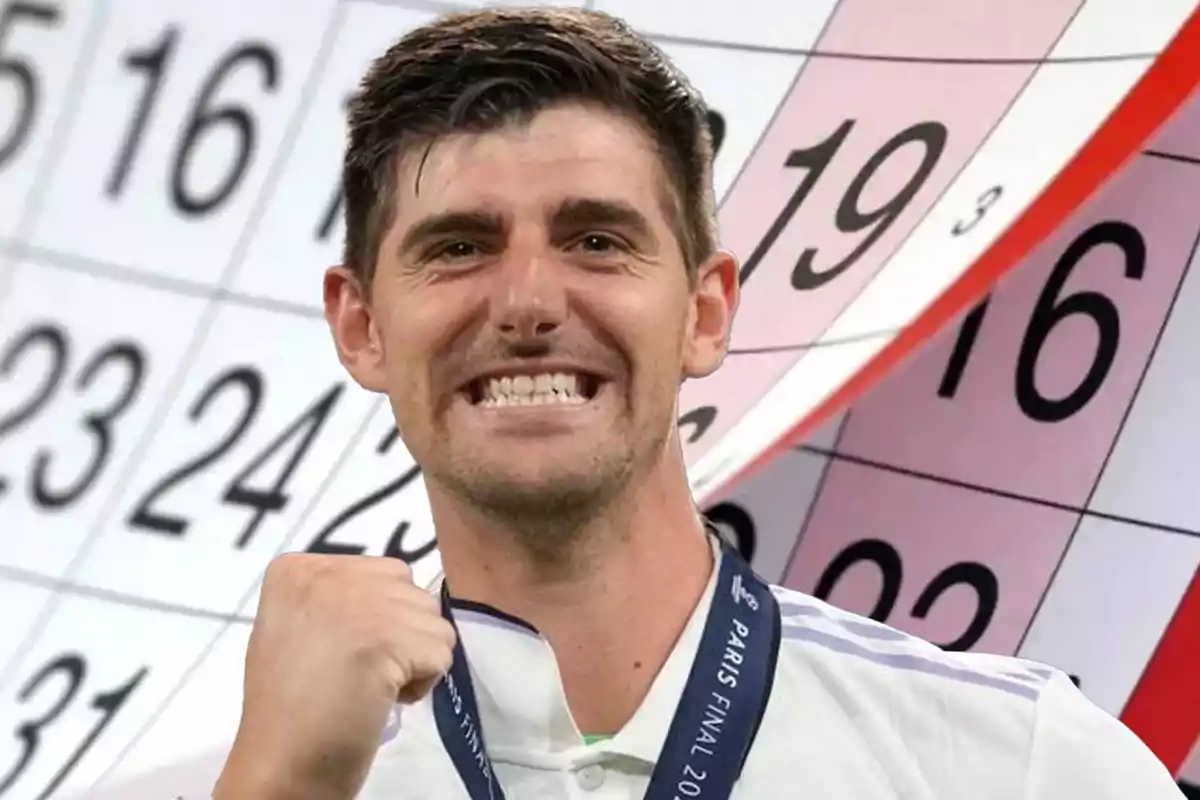 A smiling man with a medal and a calendar background.