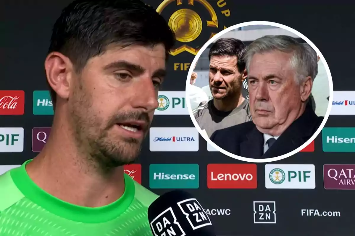 Un portero de fútbol da una entrevista mientras al fondo aparece un círculo con la imagen de dos entrenadores observando serios.