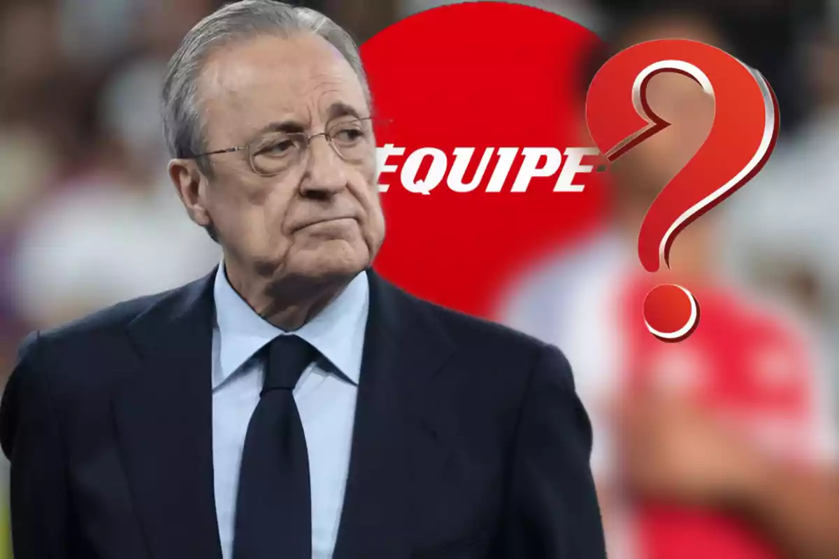 An older man in a dark suit and tie appears in the foreground with a red background that has the word "EQUIPE" and a large question mark.