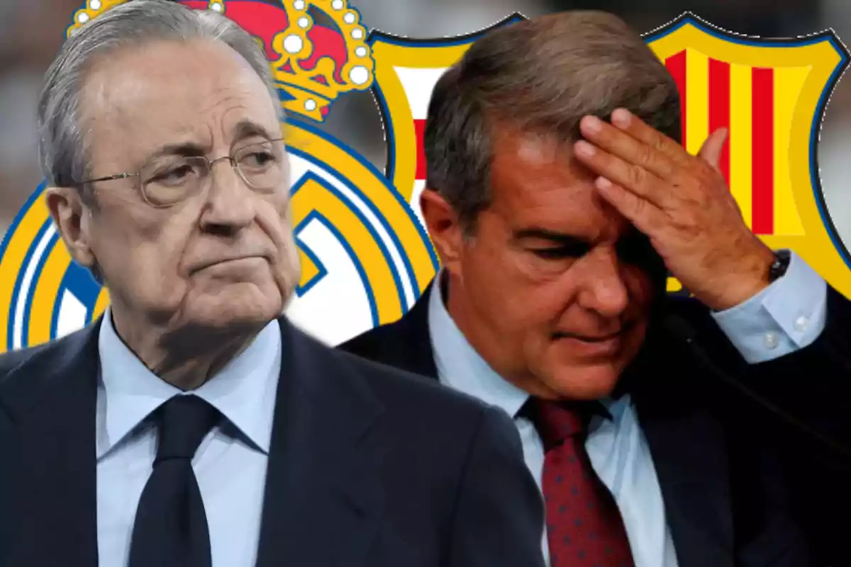 Dos hombres en traje frente a los escudos del Real Madrid y el FC Barcelona.