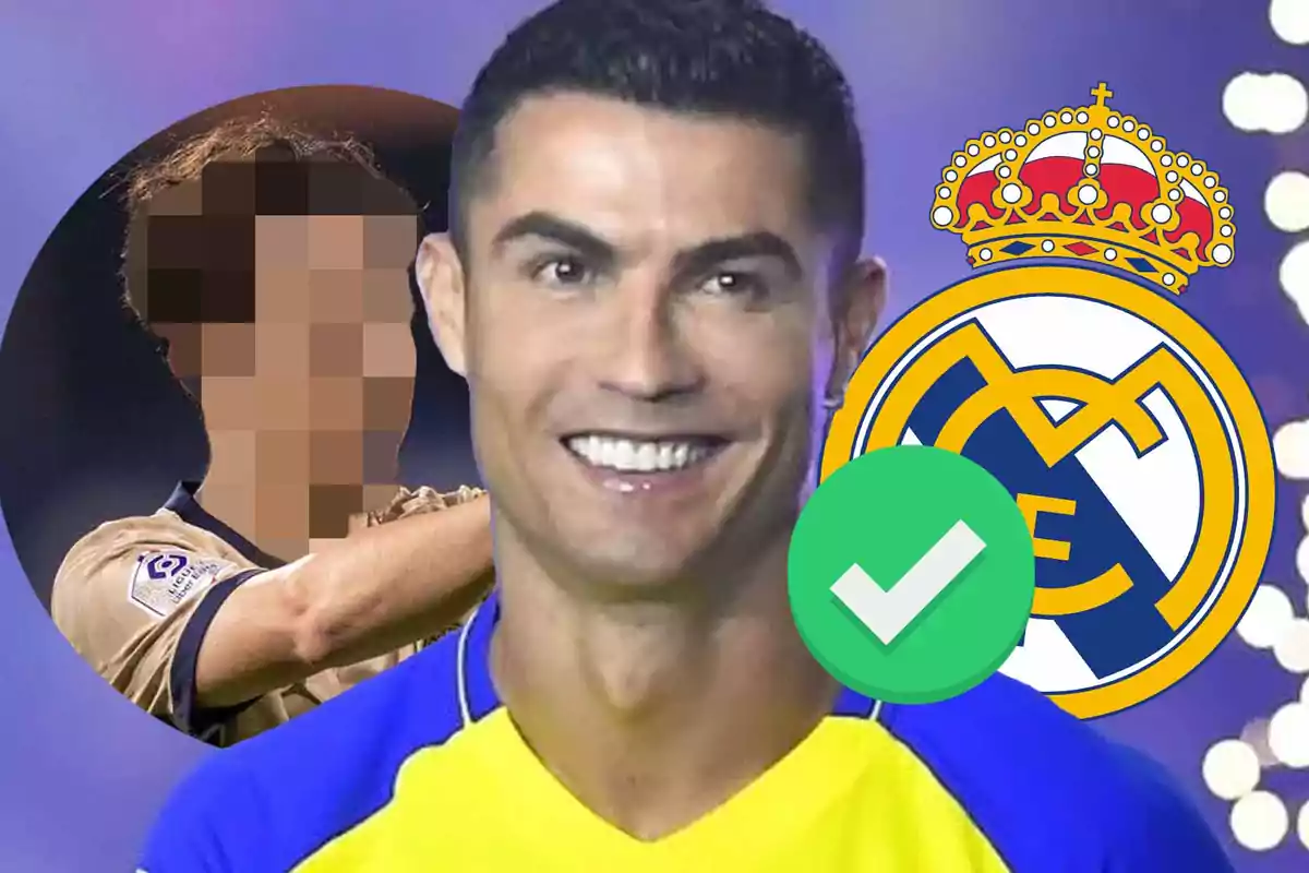 Un hombre sonriente con una camiseta azul y amarilla, un logo del Real Madrid y un símbolo de verificación verde, junto a una figura pixelada en el fondo.