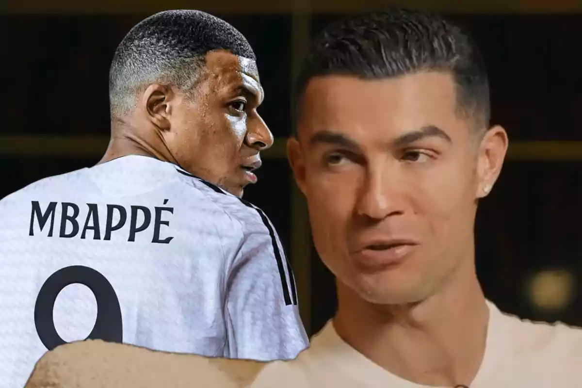 Two players appear in the image, one of them wearing a jersey with the name "Mbappé" and the number 9, while the other is in profile.