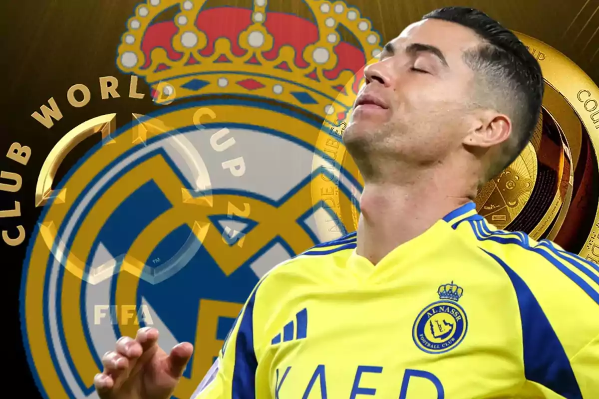 Un jugador de fútbol con uniforme amarillo y azul aparece frente a un escudo de un club de fútbol y un trofeo del Mundial de Clubes.
