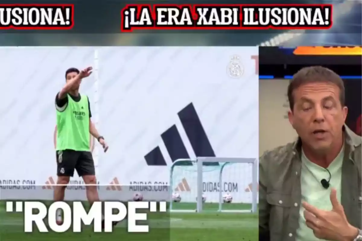 A man in a green vest is leading a soccer training session while a sports commentator appears on the screen speaking, and at the top the text "The Xabi era excites" is displayed.