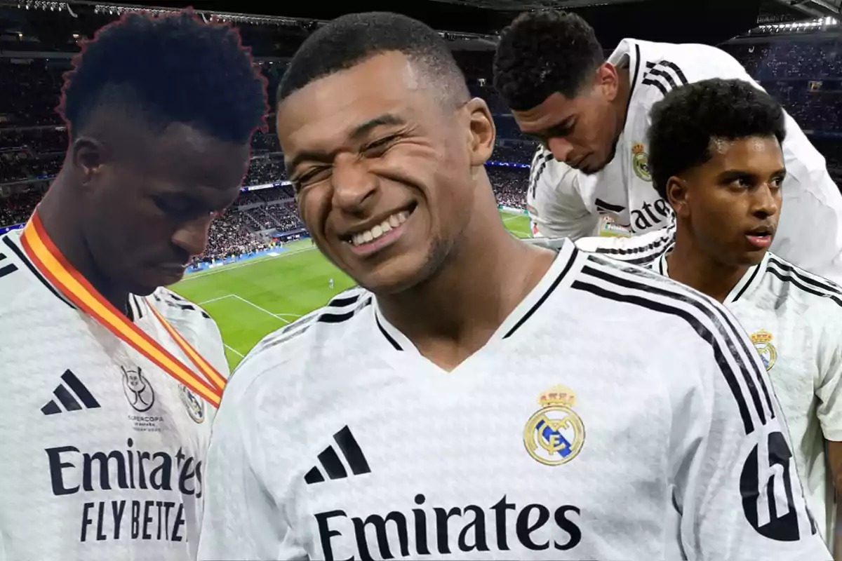 Soccer players wearing Real Madrid jerseys in a stadium.