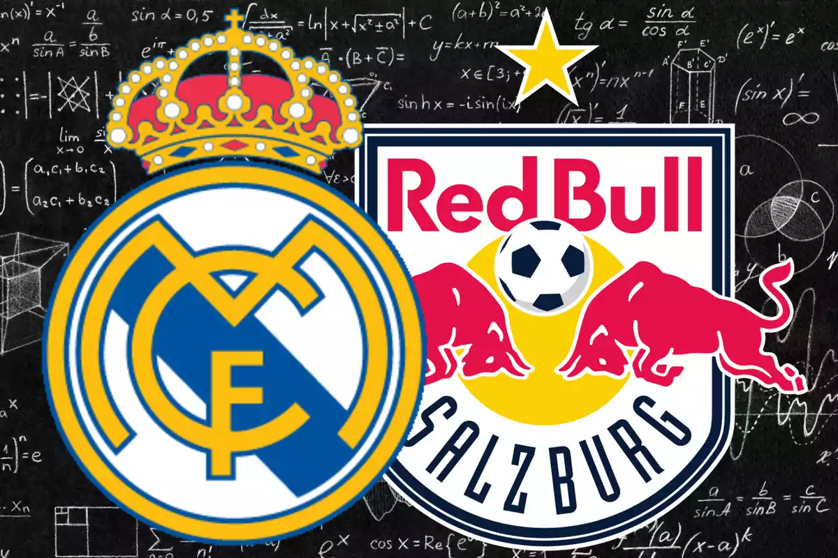 Logos of the soccer teams Real Madrid and Red Bull Salzburg on a background of mathematical formulas.