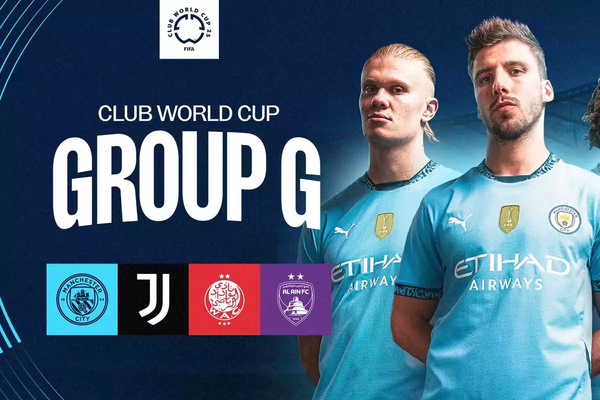 Dos jugadores del Manchester City posan con el uniforme del equipo junto al anuncio del Grupo G del Mundial de Clubes 2025, donde aparecen los escudos de Manchester City, Juventus, Wydad Casablanca y Al Ain FC. Dos jugadores del Manchester City posan con el uniforme del equipo junto al anuncio del Grupo G del Mundial de Clubes 2025, donde aparecen los escudos de Manchester City, Juventus, Wydad Casablanca y Al Ain FC.