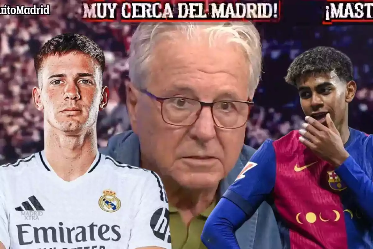 Collage with a young Real Madrid footballer on the left, an older man with glasses in the center, and a Barcelona player on the right, with a stadium background and text at the top that says "very close to Madrid"