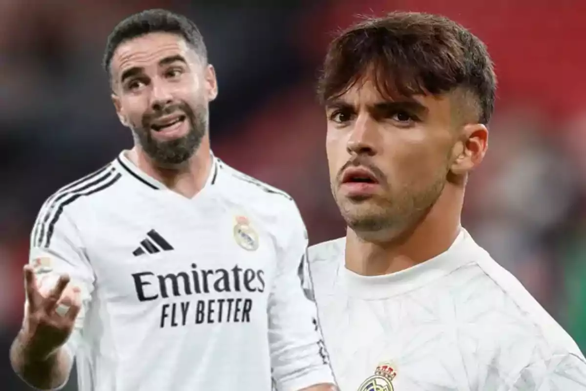 Two Real Madrid football players with serious and focused expressions, both wearing the team's uniform.