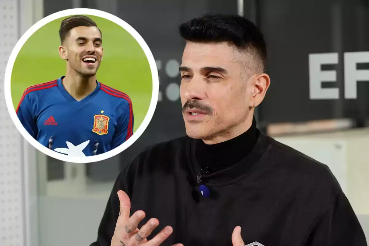 A man with a mustache and short hair is speaking while gesturing with his hands, while a box shows a player in the Spanish national team uniform smiling.