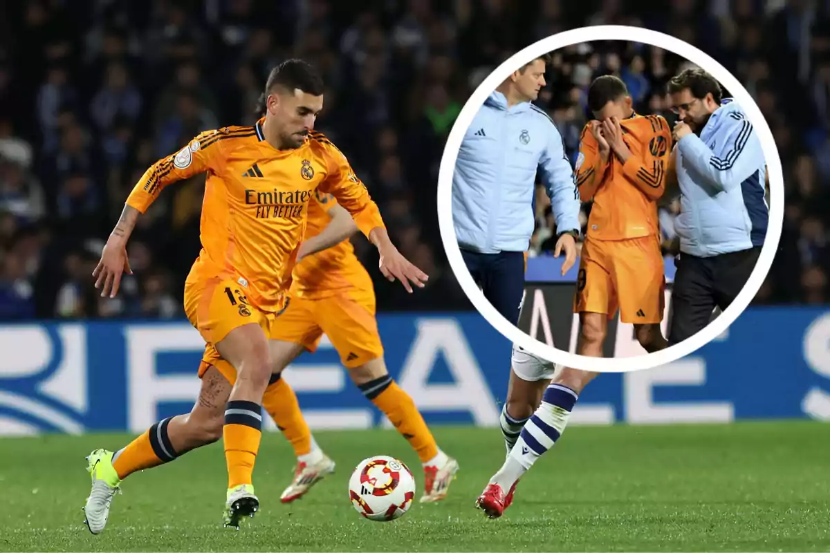 A player from Real Madrid, dressed in an orange uniform, controls the ball on the field; in an inset, another player from the same team is shown being assisted by the medical staff.