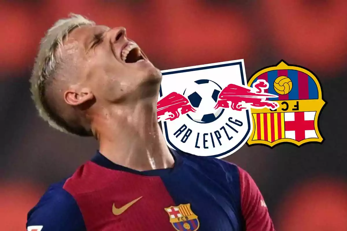 A frustrated soccer player wearing a FC Barcelona jersey, with the logos of RB Leipzig and FC Barcelona superimposed on it.